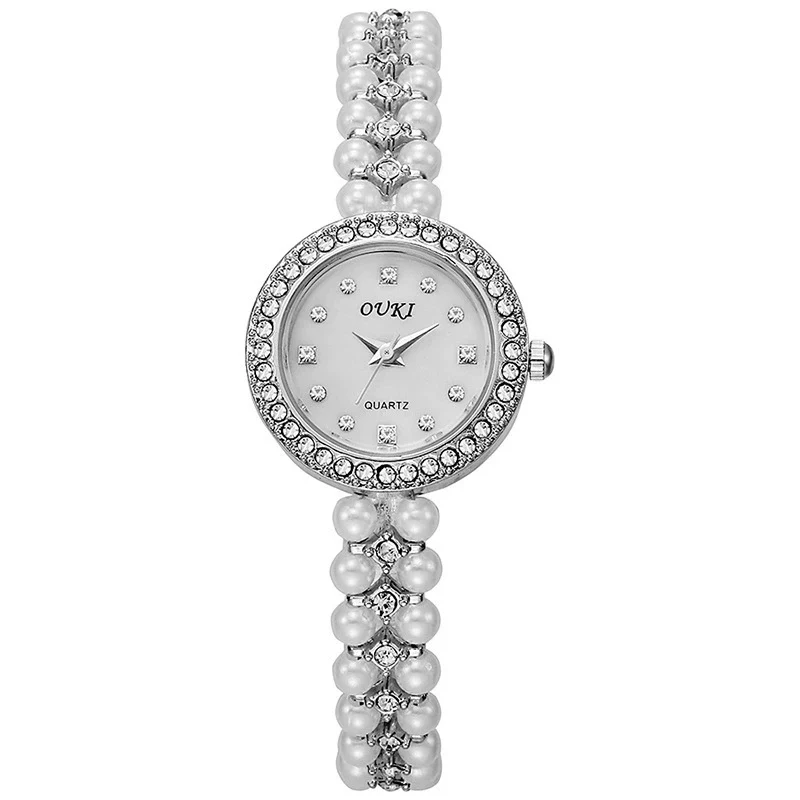 Women's Fashion Metal Alloy Stainless Steel Pearl Chain Round Dial Fritillary Pattern Watch - Image 5
