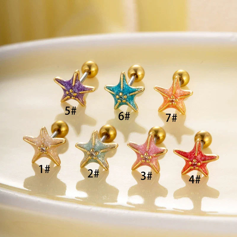 Women's Fashion Metal Starfish Flower Painted Oil Electroplated Titanium Steel Ear Nails - Image 2
