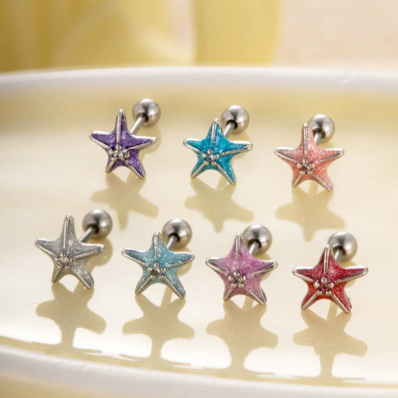 Women's Fashion Metal Starfish Flower Painted Oil Electroplated Titanium Steel Ear Nails - Image 3