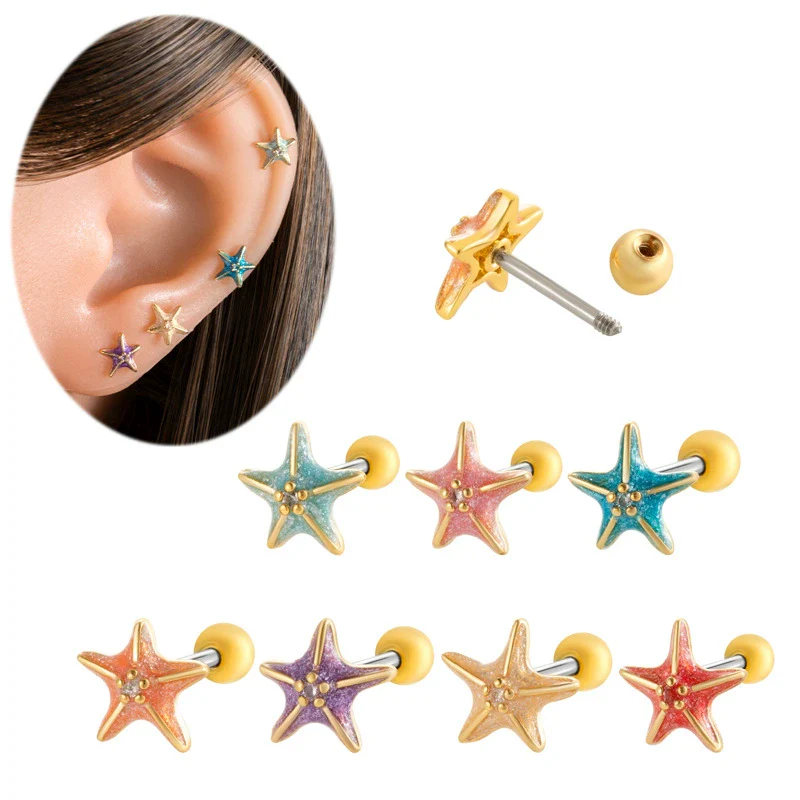 Women's Fashion Metal Starfish Flower Painted Oil Electroplated Titanium Steel Ear Nails - Image 5