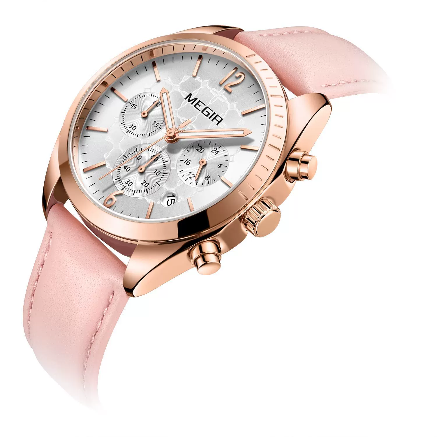 Women's Fashion Multifunction Chronograph Calendar Watch Alloy Case Genuine Leather Strap Round Dial Stainless Steel Clasp - Image 2