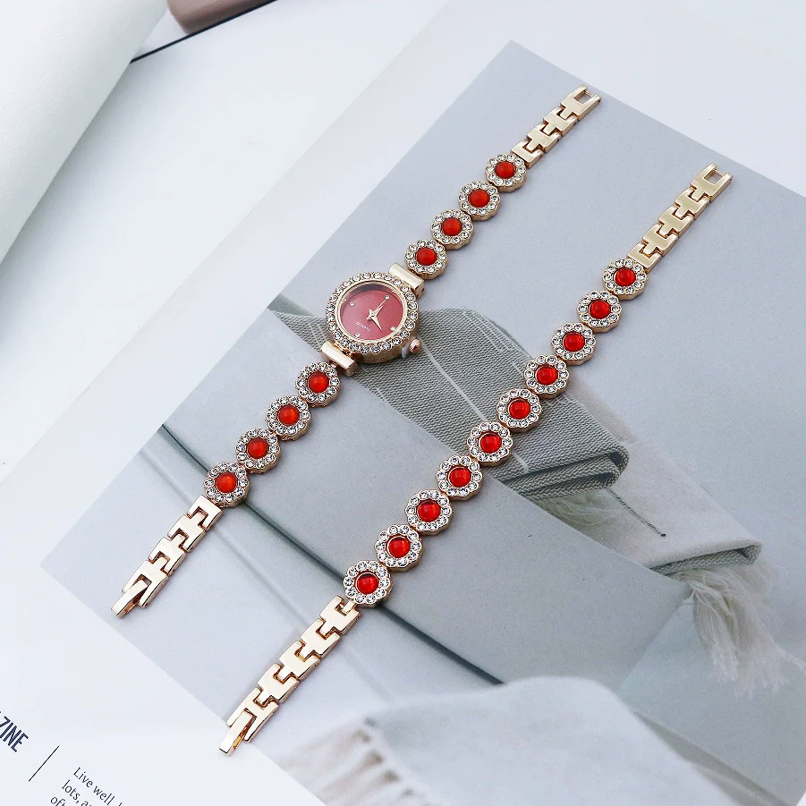 Women's Fashion Quartz Bracelet Watch Set Chalcedony Diamond Alloy Round Dial
