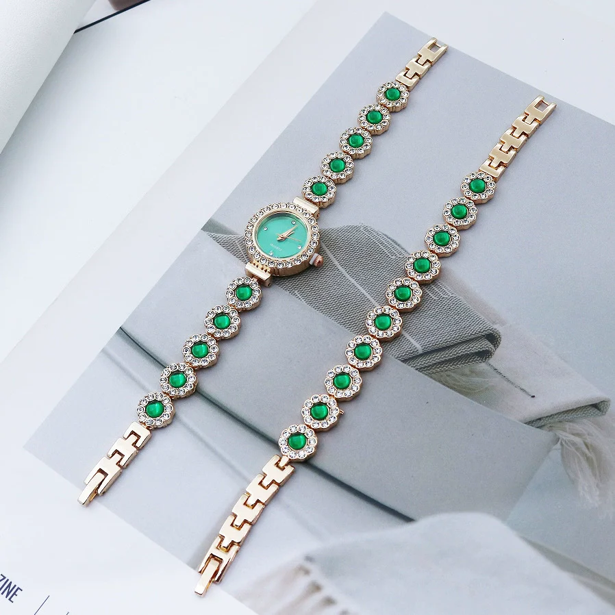 Women's Fashion Quartz Bracelet Watch Set Chalcedony Diamond Alloy Round Dial - Image 2
