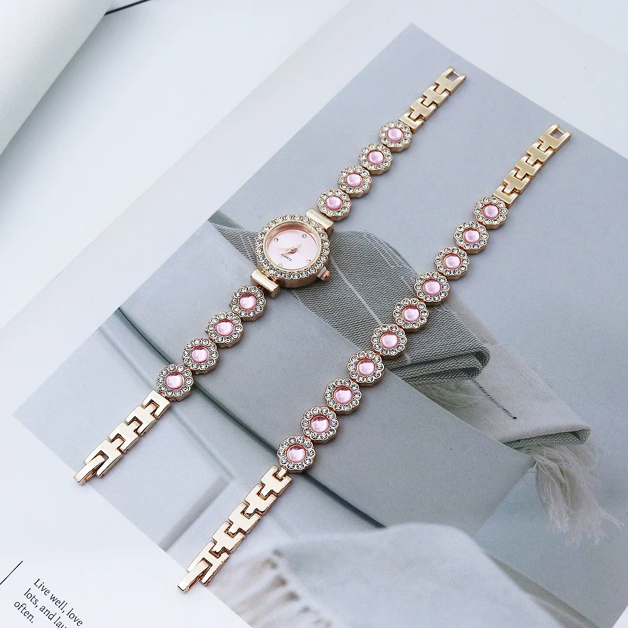Women's Fashion Quartz Bracelet Watch Set Chalcedony Diamond Alloy Round Dial - Image 4