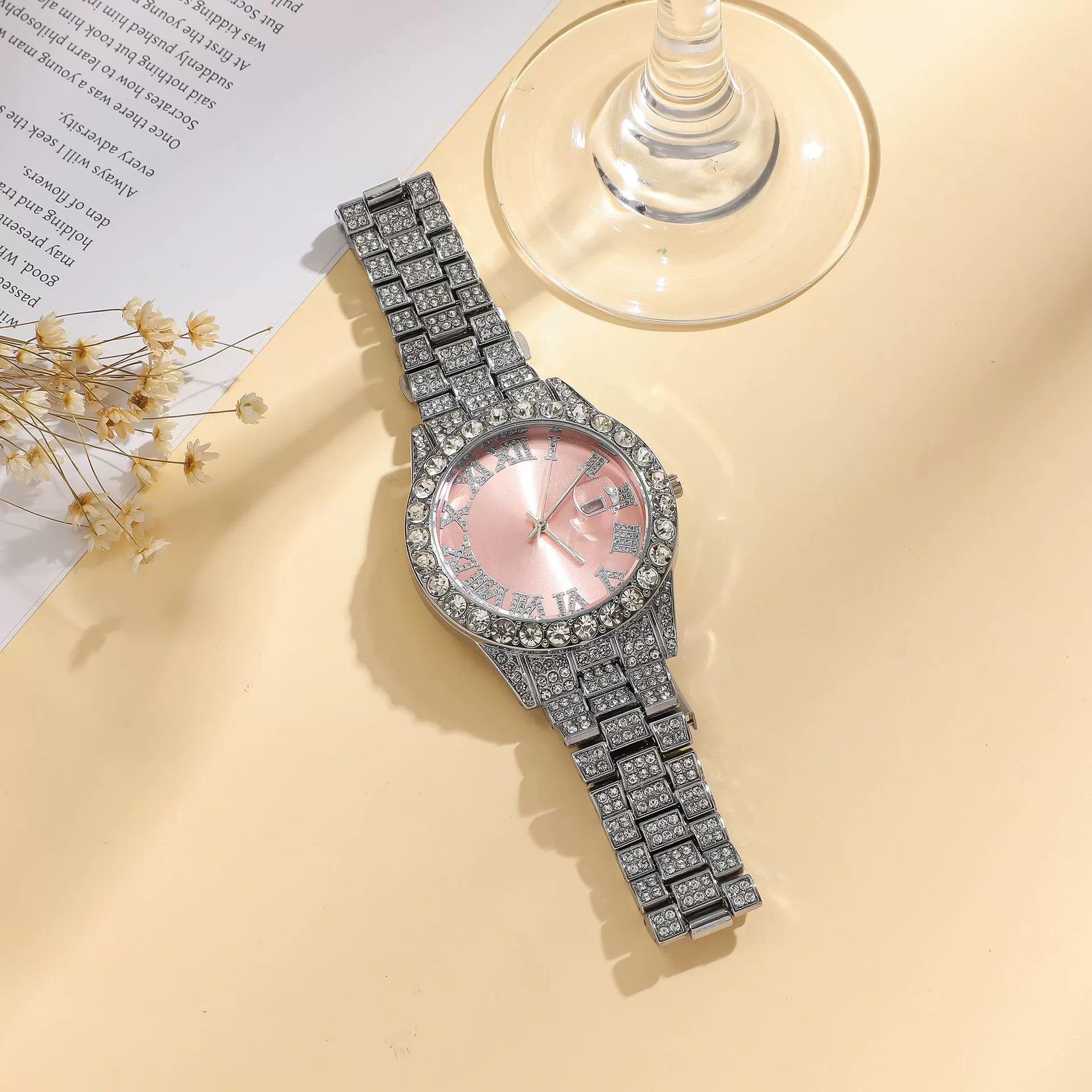 Women's Fashion Roman Diamondencrusted Watch With Calendar Alloy Case And Strap Round Dial - Image 3