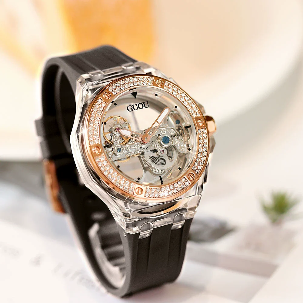 Women's Fashion Simple Alloy Case Mineral Reinforced Glass Mirror Silicone Strap Round Dial Mechanical Watch With Rhinestones And Waterproof Function