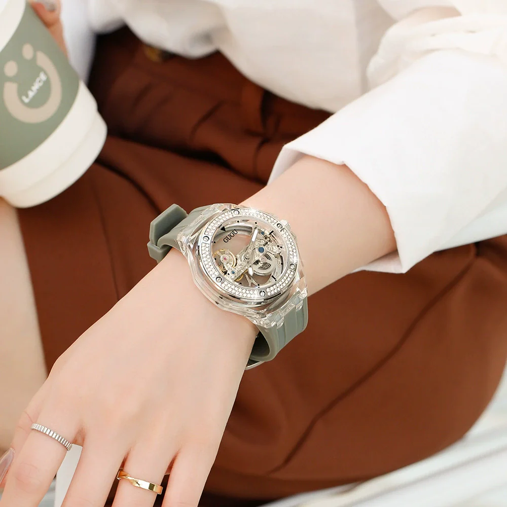 Women's Fashion Simple Alloy Case Mineral Reinforced Glass Mirror Silicone Strap Round Dial Mechanical Watch With Rhinestones And Waterproof Function - Image 2