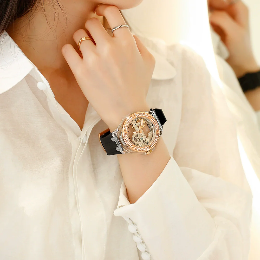 Women's Fashion Simple Alloy Case Mineral Reinforced Glass Mirror Silicone Strap Round Dial Mechanical Watch With Rhinestones And Waterproof Function - Image 4
