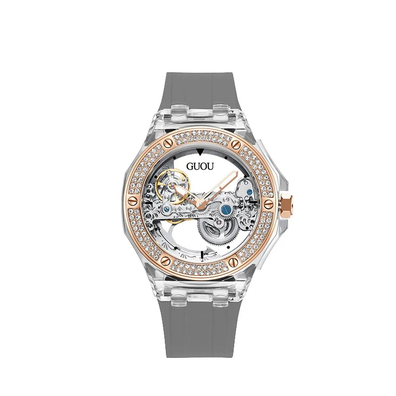 Women's Fashion Simple Alloy Case Mineral Reinforced Glass Mirror Silicone Strap Round Dial Mechanical Watch With Rhinestones And Waterproof Function - Image 6