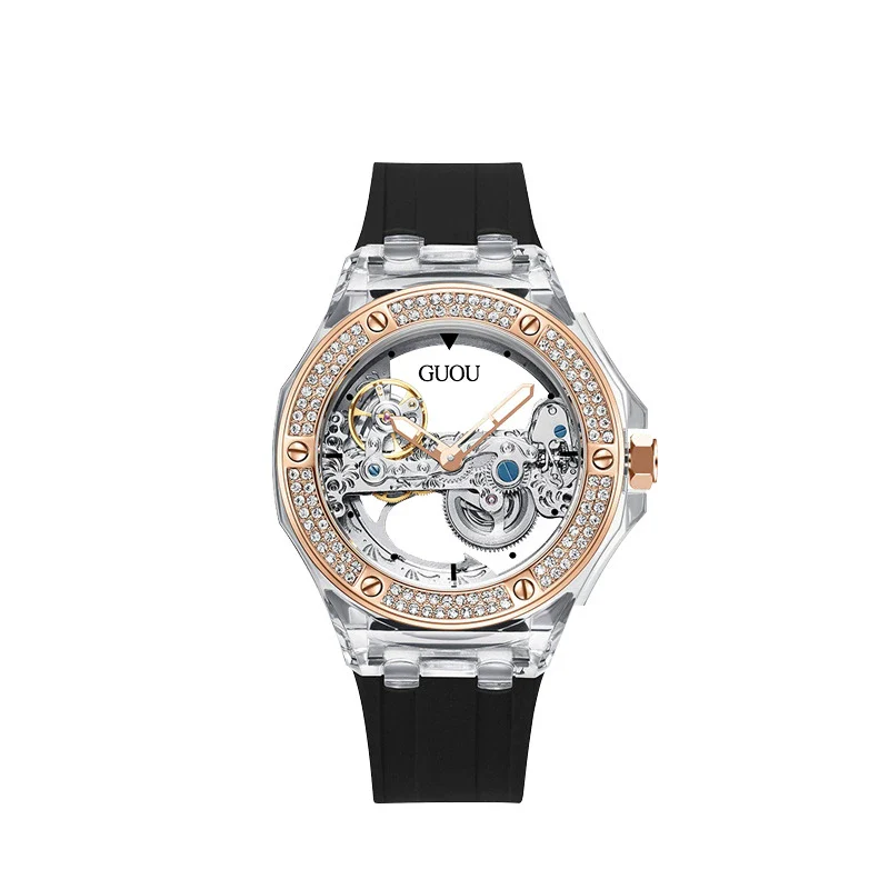 Women's Fashion Simple Alloy Case Mineral Reinforced Glass Mirror Silicone Strap Round Dial Mechanical Watch With Rhinestones And Waterproof Function - Image 7