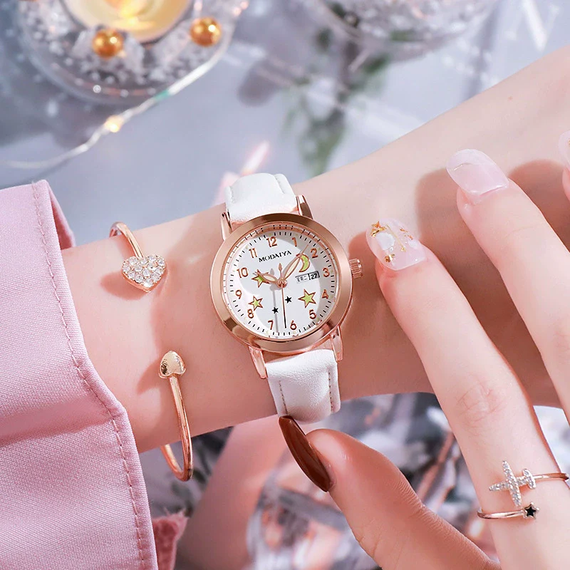 Women's Fashion Simple Luminous Double Calendar Waterproof Quartz Watch Alloy Case Imitation Leather Strap Stainless Steel Clasp Round Dial