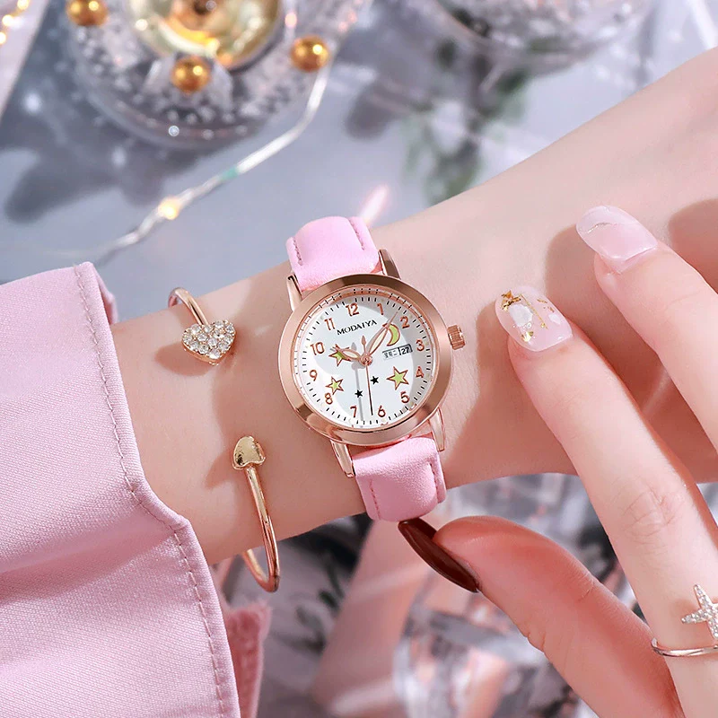 Women's Fashion Simple Luminous Double Calendar Waterproof Quartz Watch Alloy Case Imitation Leather Strap Stainless Steel Clasp Round Dial - Image 10