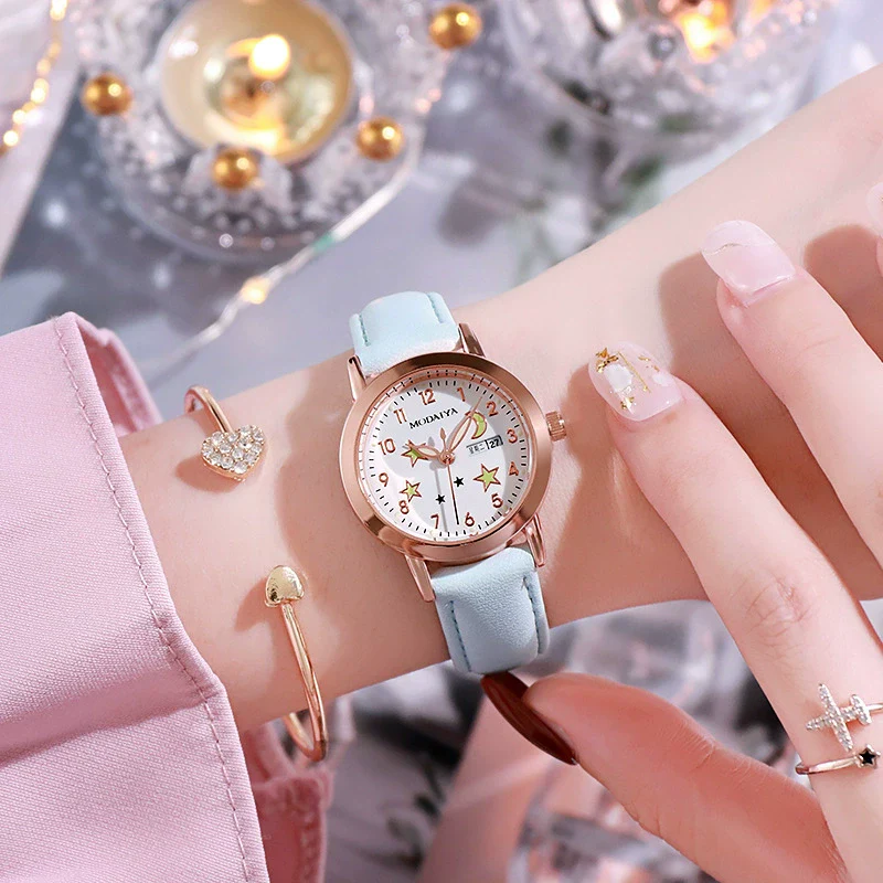 Women's Fashion Simple Luminous Double Calendar Waterproof Quartz Watch Alloy Case Imitation Leather Strap Stainless Steel Clasp Round Dial - Image 2