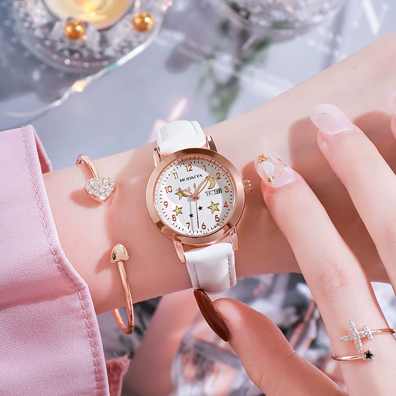 Women's Fashion Simple Luminous Double Calendar Waterproof Quartz Watch Alloy Case Imitation Leather Strap Stainless Steel Clasp Round Dial - Image 6
