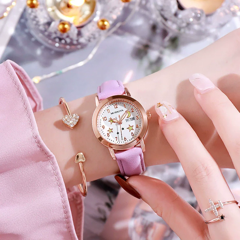 Women's Fashion Simple Luminous Double Calendar Waterproof Quartz Watch Alloy Case Imitation Leather Strap Stainless Steel Clasp Round Dial - Image 7