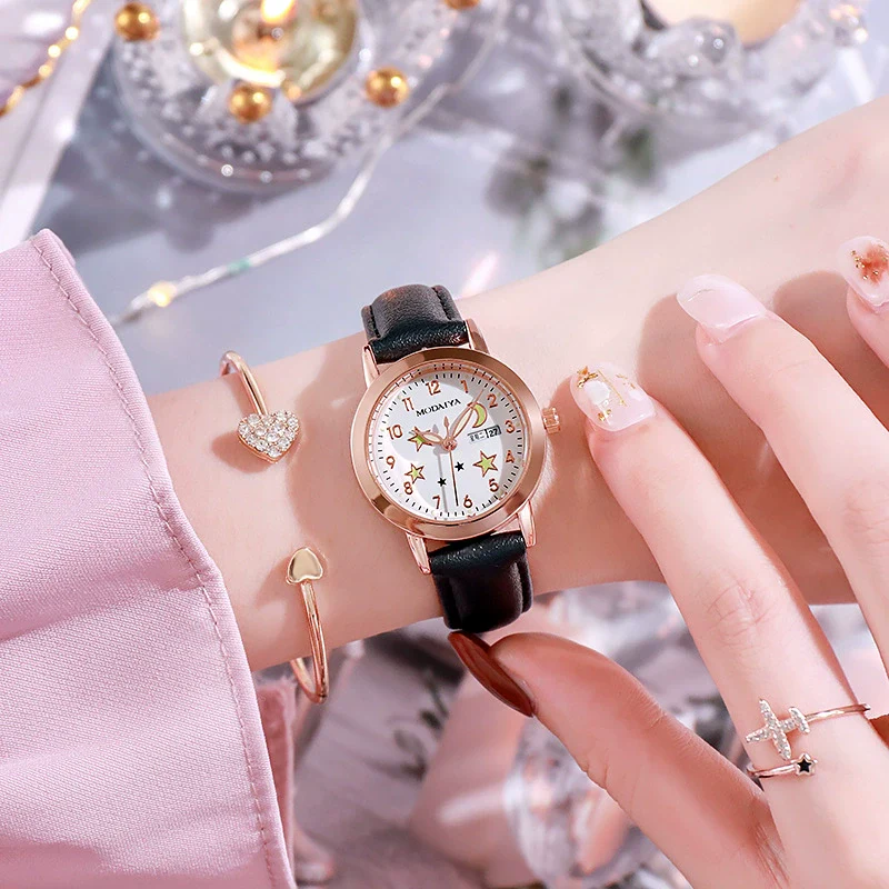 Women's Fashion Simple Luminous Double Calendar Waterproof Quartz Watch Alloy Case Imitation Leather Strap Stainless Steel Clasp Round Dial - Image 8