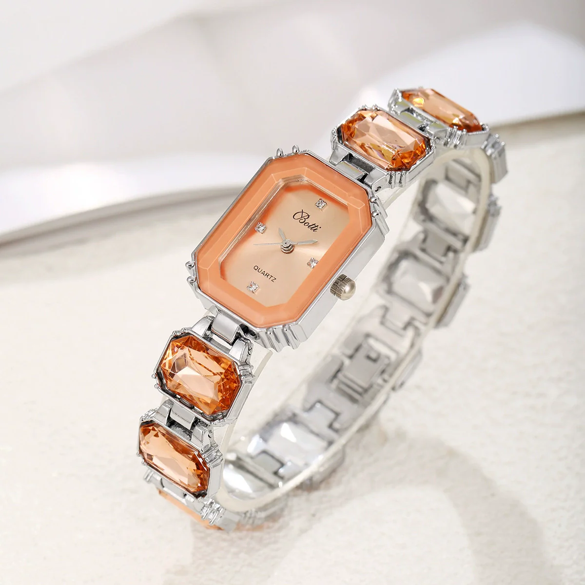 Women's Fashion Square Quartz Watch With Rhinestones Alloy Bracelet Stainless Steel Case And Buckle Pu Strap - Image 4