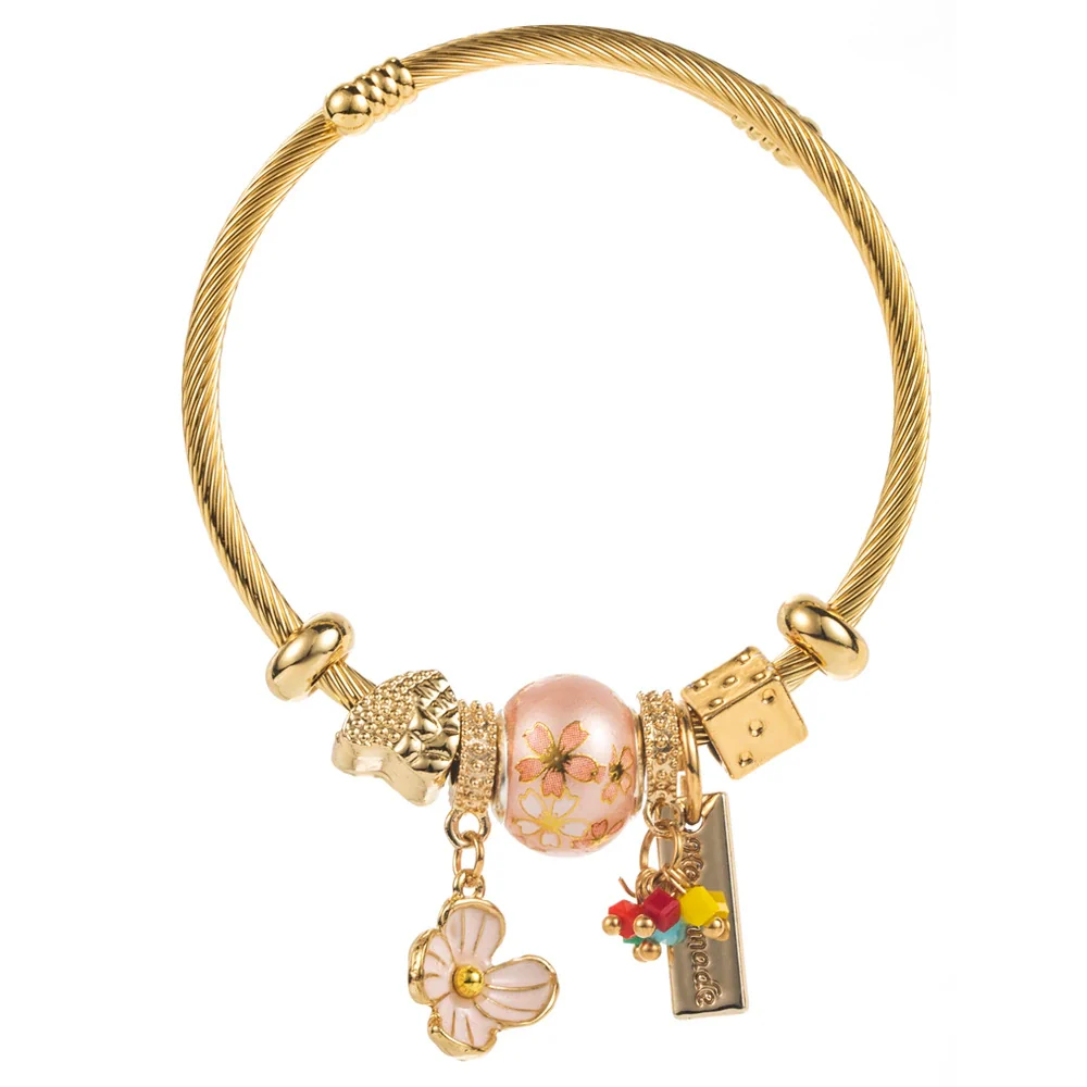 Women's Fashion Stainless Steel Bracelet With Diamond And Flower Pendant - Image 5
