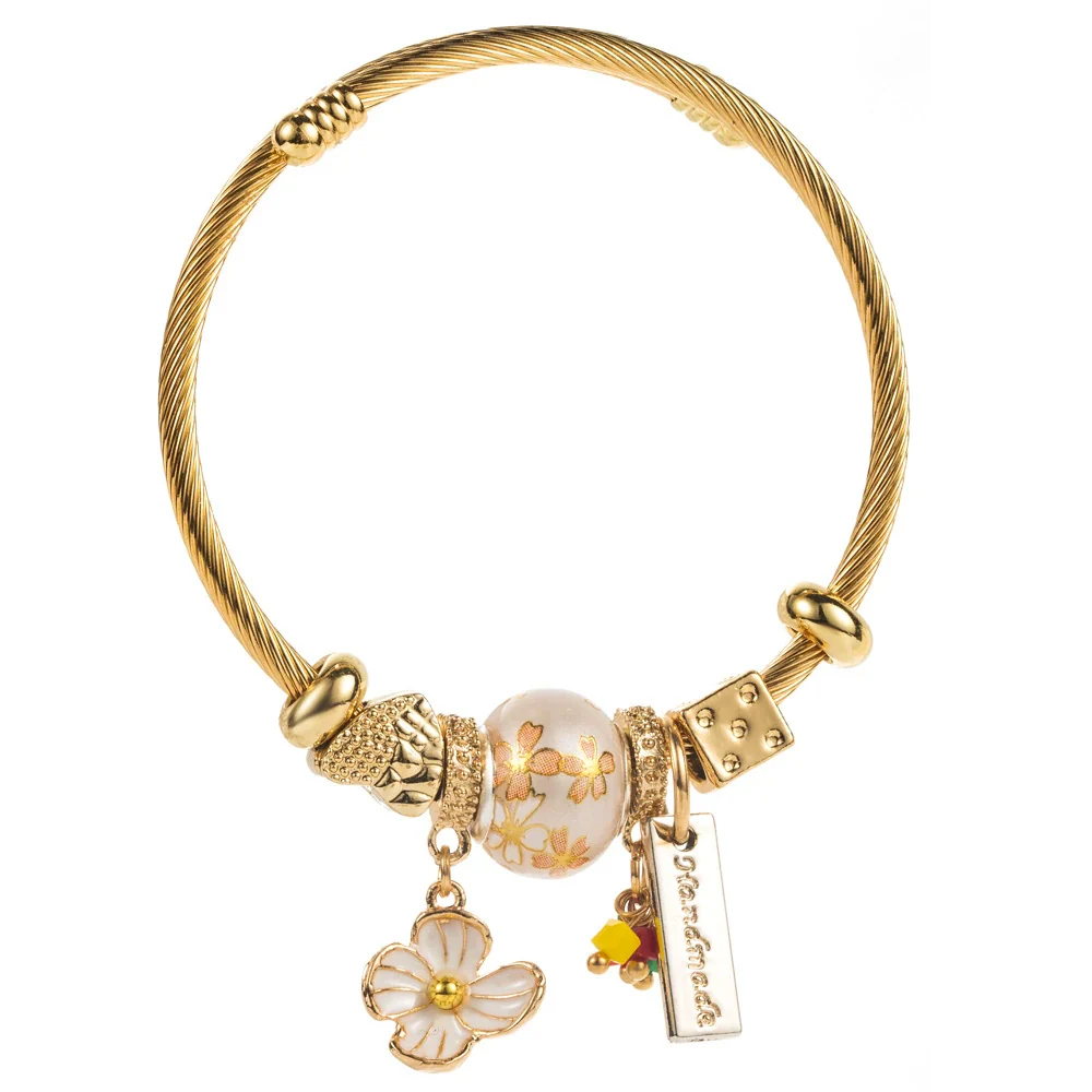 Women's Fashion Stainless Steel Bracelet With Diamond And Flower Pendant - Image 7