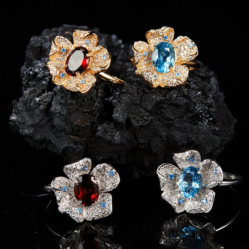 Women's Fashion Trendy Flower Design S925 Sterling Silver Natural Topaz Garnet Color Treasure Ring