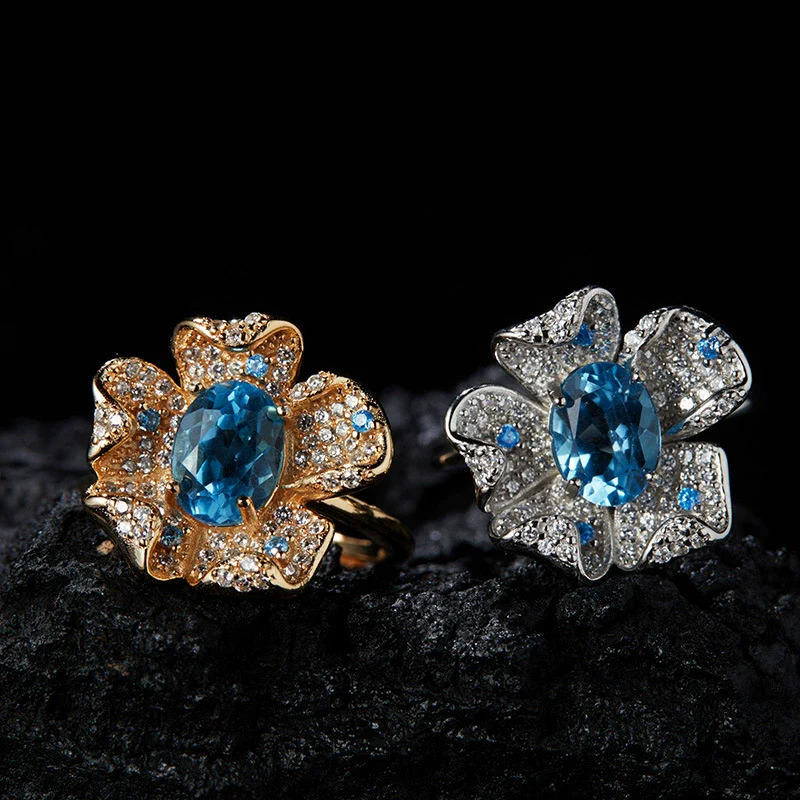 Women's Fashion Trendy Flower Design S925 Sterling Silver Natural Topaz Garnet Color Treasure Ring - Image 2