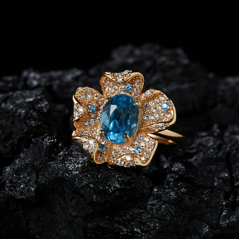 Women's Fashion Trendy Flower Design S925 Sterling Silver Natural Topaz Garnet Color Treasure Ring - Image 3