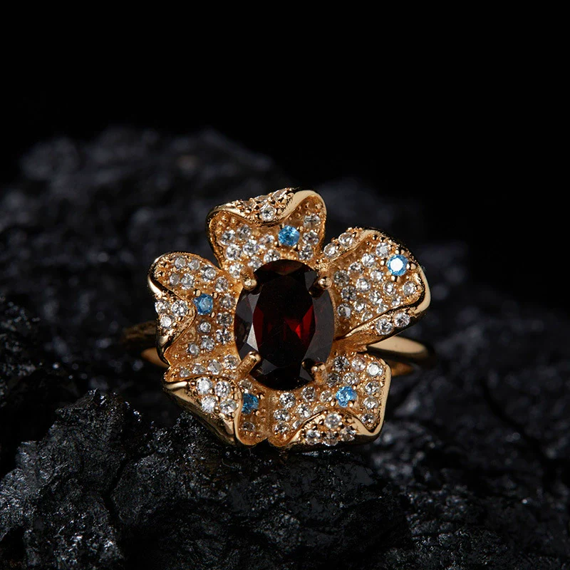 Women's Fashion Trendy Flower Design S925 Sterling Silver Natural Topaz Garnet Color Treasure Ring - Image 7