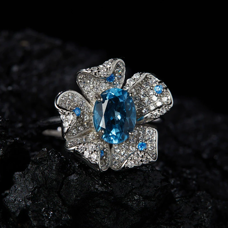 Women's Fashion Trendy Flower Design S925 Sterling Silver Natural Topaz Garnet Color Treasure Ring - Image 8