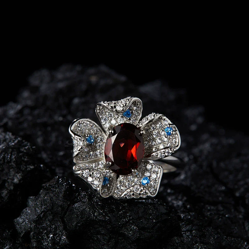 Women's Fashion Trendy Flower Design S925 Sterling Silver Natural Topaz Garnet Color Treasure Ring - Image 9