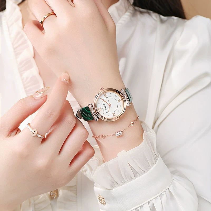 Women's Fashion Waterproof Luxury Leisure Alloy Case Sapphire Crystal Glass Mirror Imitation Leather Strap Round Dial Watch - Image 3