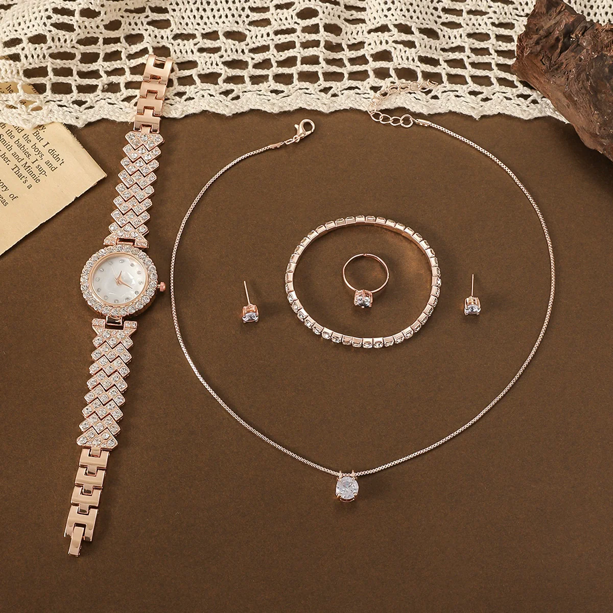 Women's Fashionable Alloy And Stainless Steel Quartz Watch Bracelet Earrings Ring Necklace Gift Set With Oval Dial - Image 2