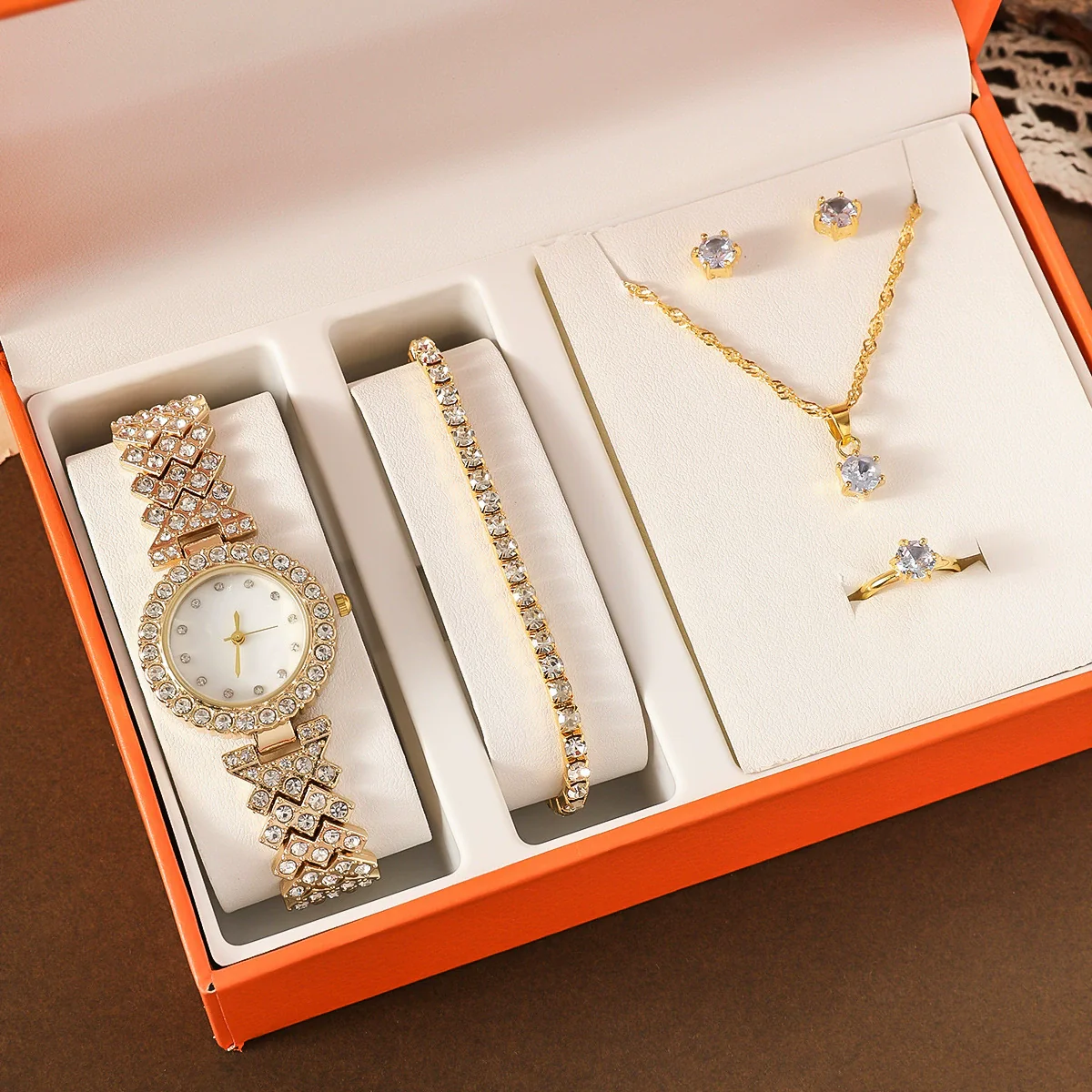 Women's Fashionable Alloy And Stainless Steel Quartz Watch Bracelet Earrings Ring Necklace Gift Set With Oval Dial - Image 6