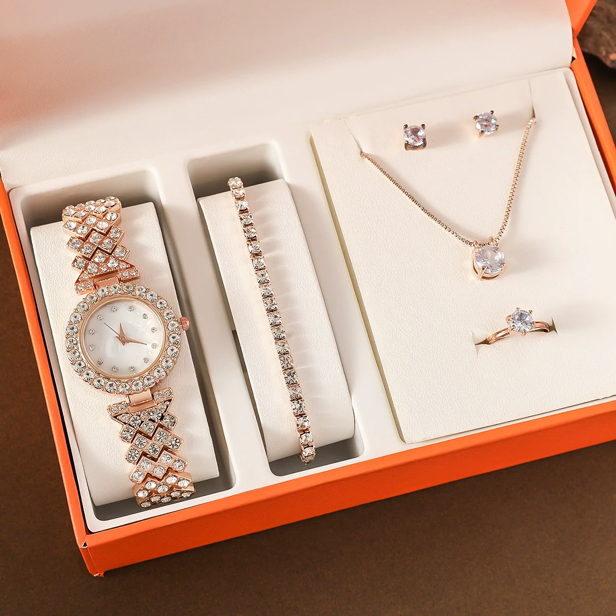 Women's Fashionable Alloy And Stainless Steel Quartz Watch Bracelet Earrings Ring Necklace Gift Set With Oval Dial - Image 7