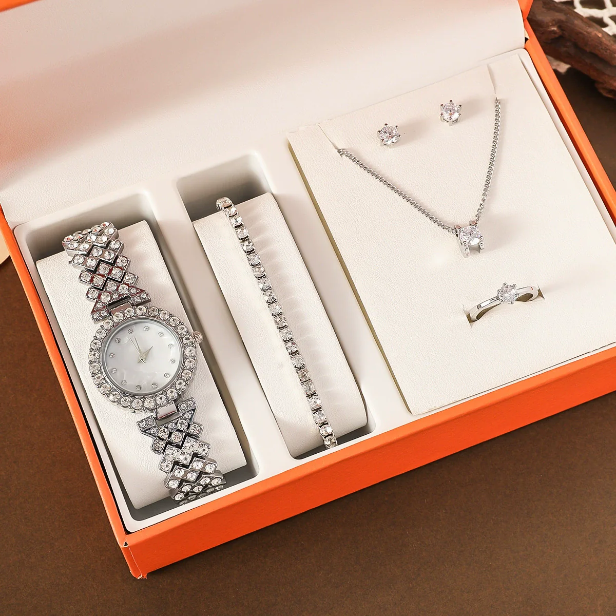 Women's Fashionable Alloy And Stainless Steel Quartz Watch Bracelet Earrings Ring Necklace Gift Set With Oval Dial - Image 8