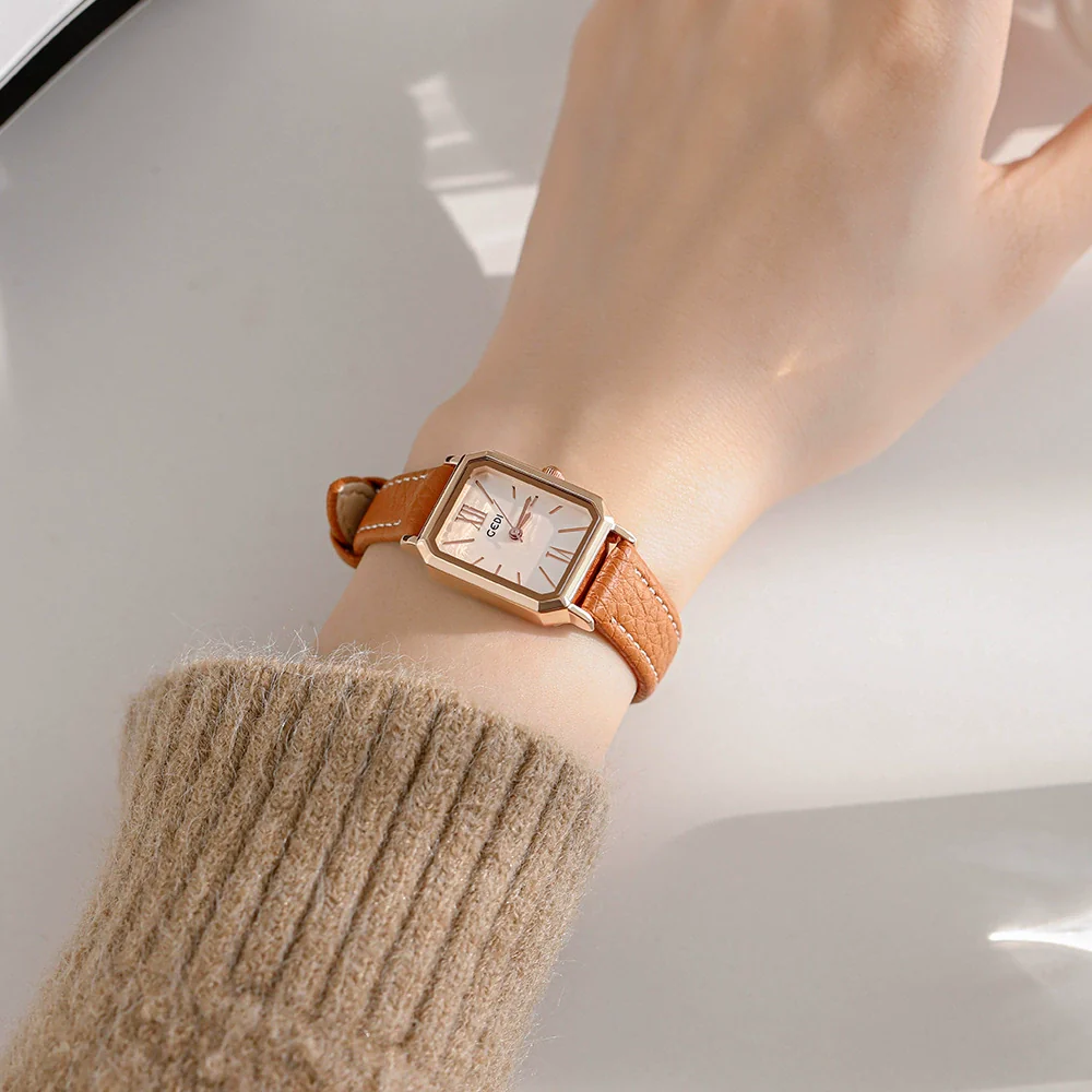Women's Fashionable Alloy Case Pu Strap Rectangular Dial Rose Gold Buckle Pin Buckle Spiral Crown Watch With Printed Logo And Mineral Reinforced Mirror - Image 4