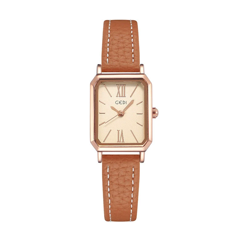 Women's Fashionable Alloy Case Pu Strap Rectangular Dial Rose Gold Buckle Pin Buckle Spiral Crown Watch With Printed Logo And Mineral Reinforced Mirror - Image 7