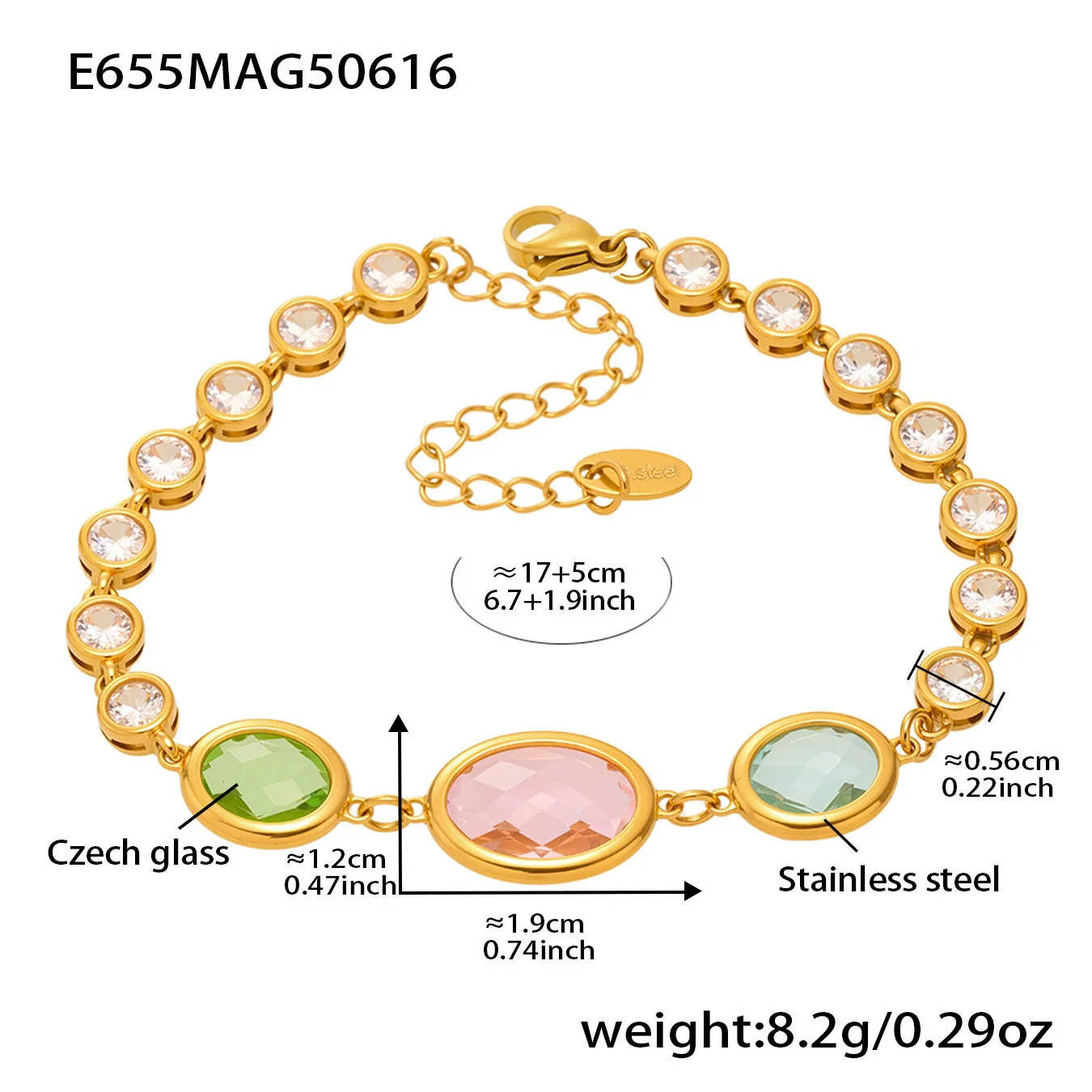 Women's Fashionable Geometric Ferris Wheel Oval Faceted Glass Stone And 5A Zircon Full Diamond Splicing Electroplated Stainless Steel Bracelet - Image 11