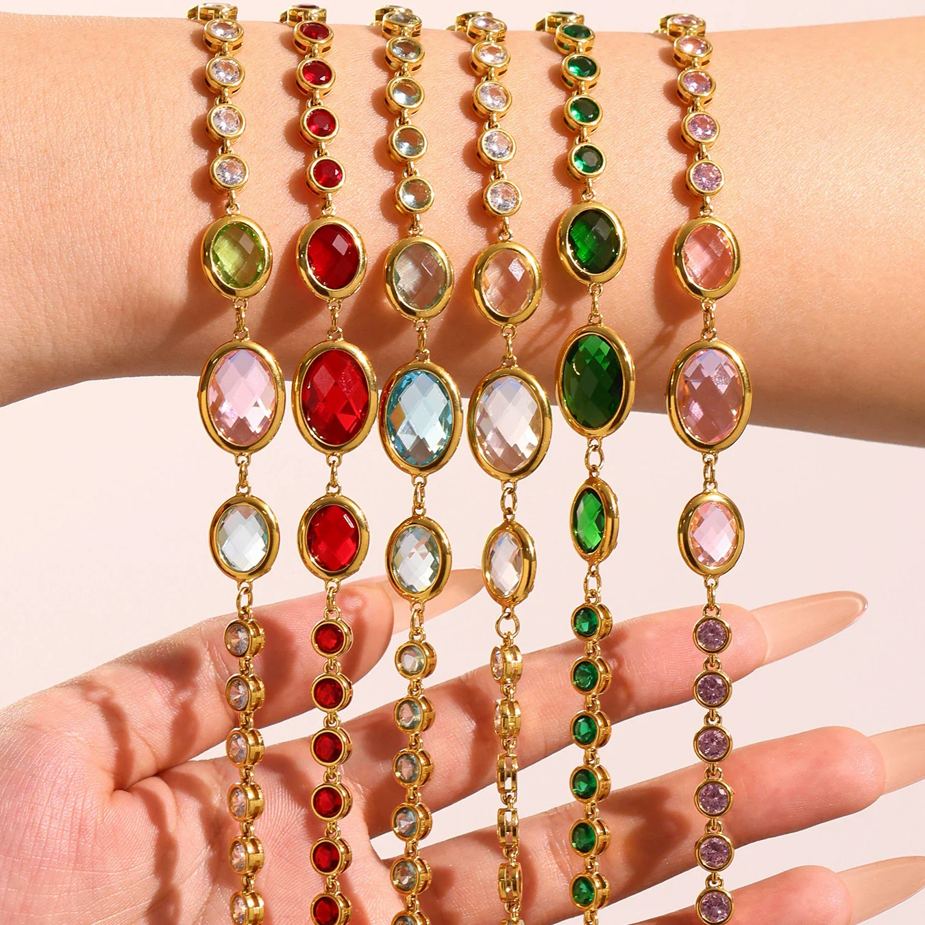 Women's Fashionable Geometric Ferris Wheel Oval Faceted Glass Stone And 5A Zircon Full Diamond Splicing Electroplated Stainless Steel Bracelet - Image 2