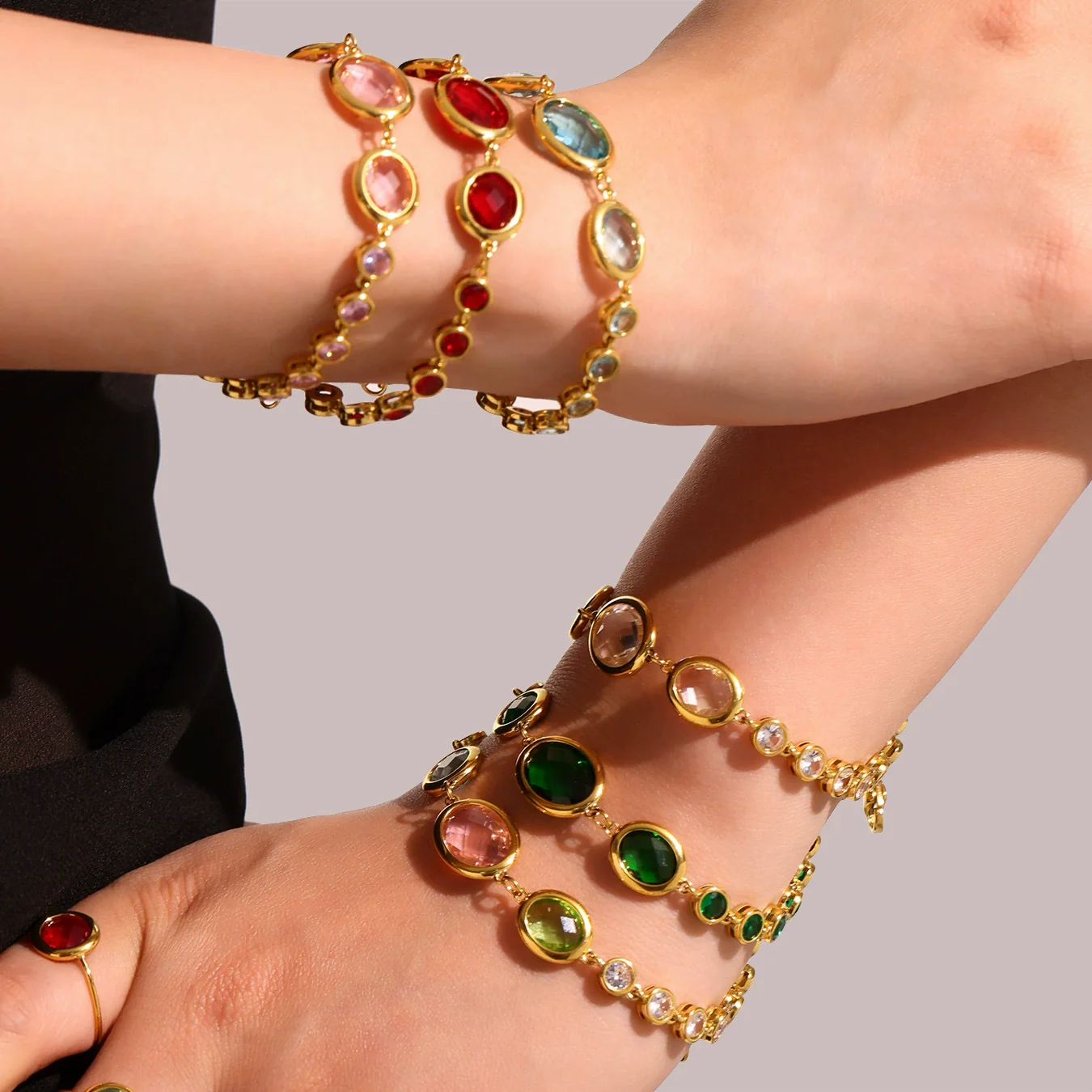 Women's Fashionable Geometric Ferris Wheel Oval Faceted Glass Stone And 5A Zircon Full Diamond Splicing Electroplated Stainless Steel Bracelet - Image 4