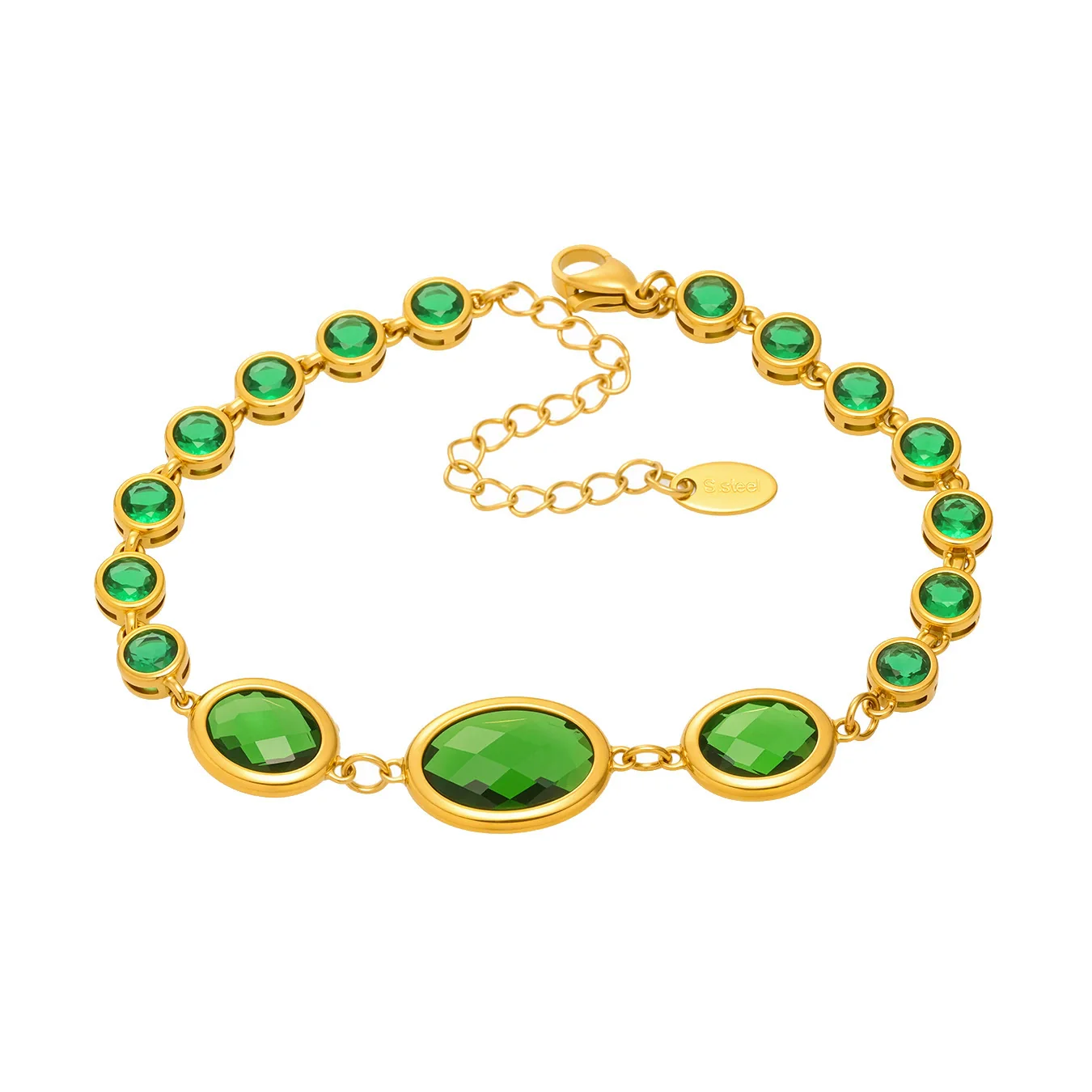 Women's Fashionable Geometric Ferris Wheel Oval Faceted Glass Stone And 5A Zircon Full Diamond Splicing Electroplated Stainless Steel Bracelet - Image 5