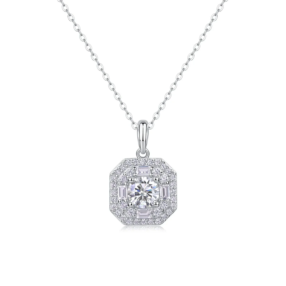Women's Fashionable Geometric S925 Silver Pendant Necklace With Moissanite Inlay And Cross Chain