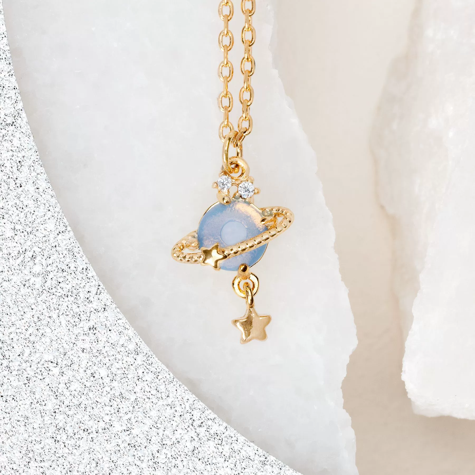 Women's Fashionable Jewelry Copper 18K Star Pattern Planet Saturn Ring Necklace Planetary Pendant Clavicle Chain