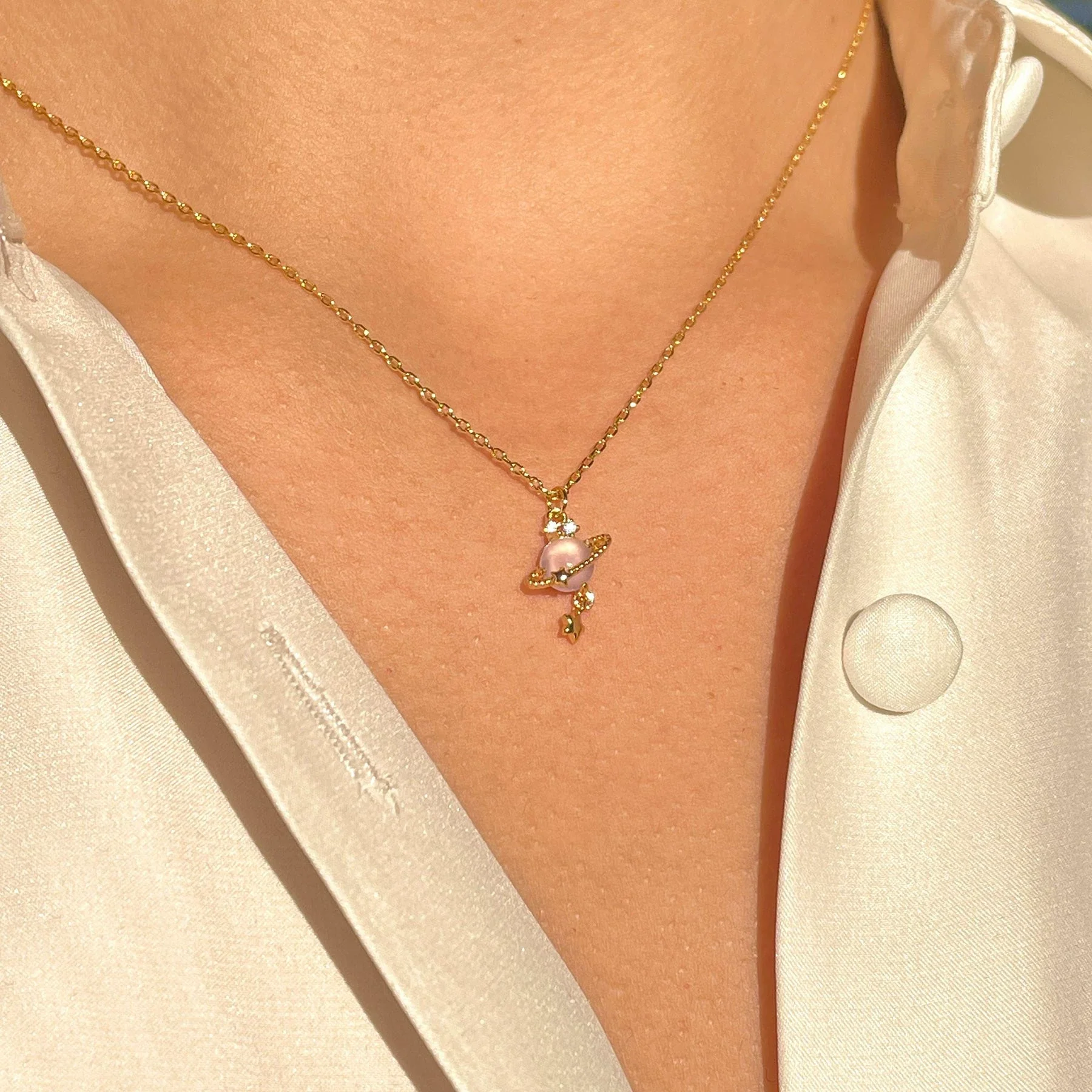 Women's Fashionable Jewelry Copper 18K Star Pattern Planet Saturn Ring Necklace Planetary Pendant Clavicle Chain - Image 2