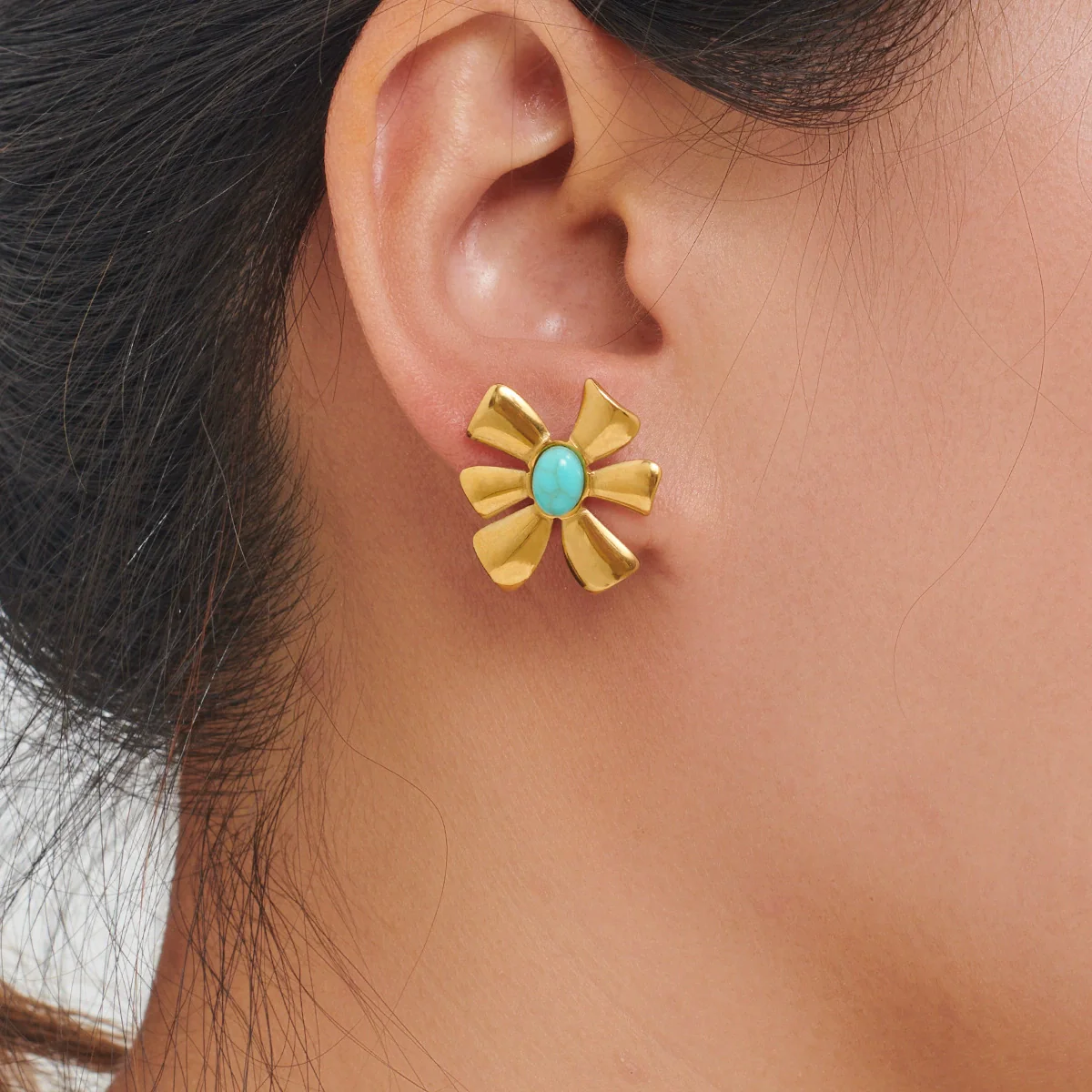 Women's Flowershaped Inlaid Natural Stone Stainless Steel 18K Electroplated Earrings - Image 2