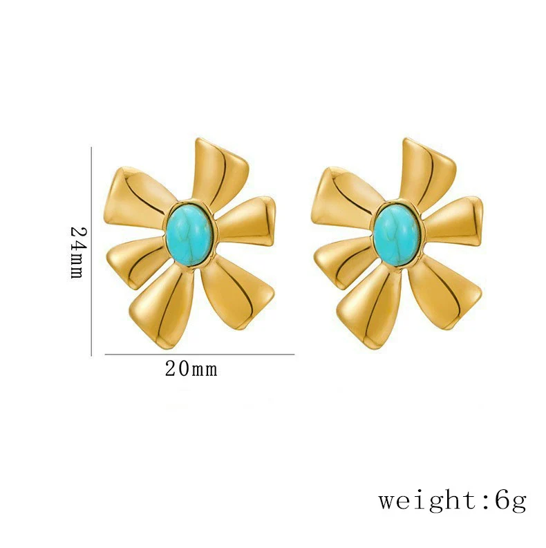 Women's Flowershaped Inlaid Natural Stone Stainless Steel 18K Electroplated Earrings - Image 4