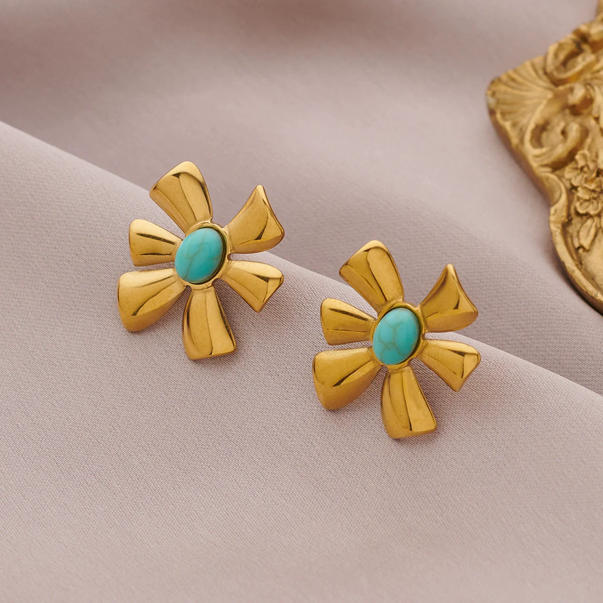 Women's Flowershaped Inlaid Natural Stone Stainless Steel 18K Electroplated Earrings - Image 6