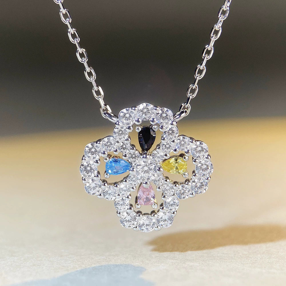 Women's Fourleaf Clover S925 Sterling Silver Ochain Necklace With Yellow Diamond Design And Light Luxury Style - Image 10