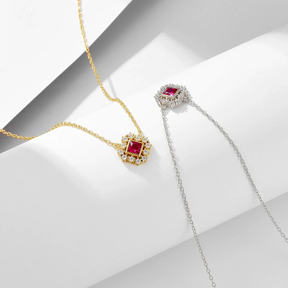 Women's Geometric Diamond 925 Silver Square Hollow Pendant Cross Chain Zircon Ruby Necklace - Image 3