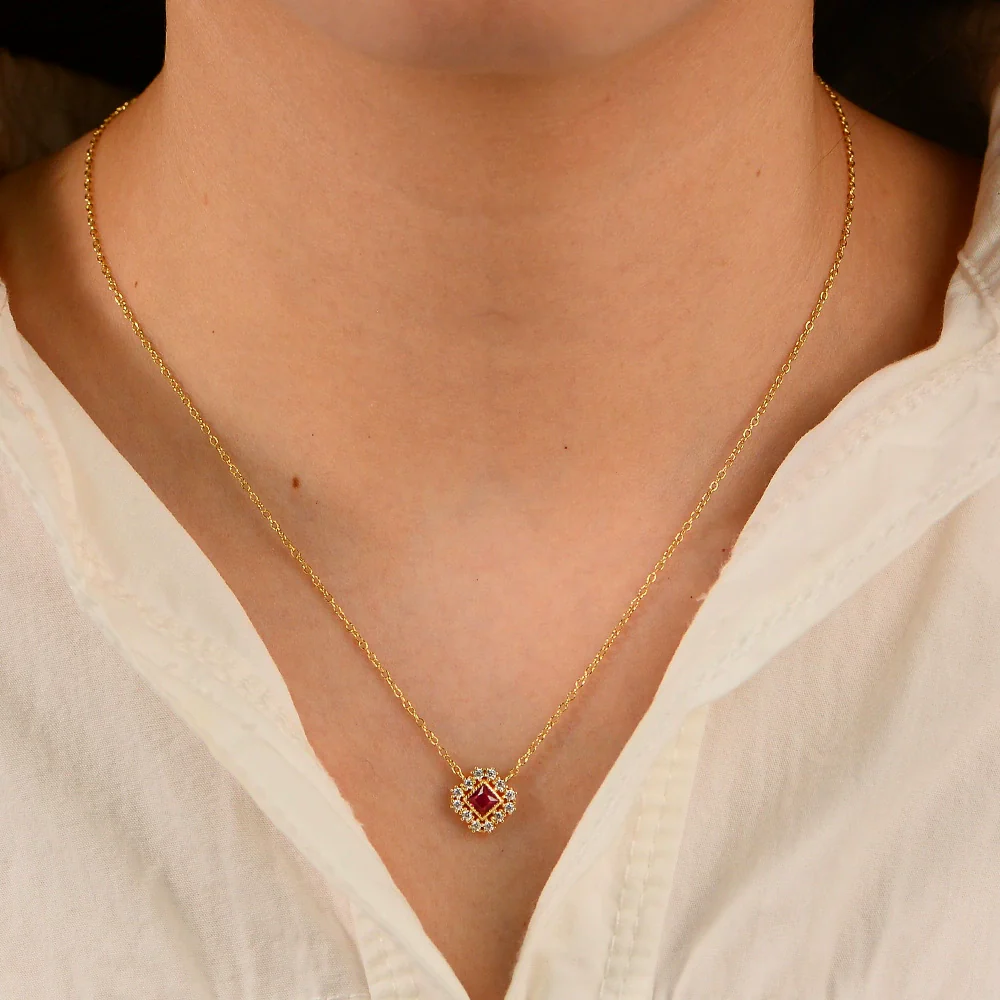 Women's Geometric Diamond 925 Silver Square Hollow Pendant Cross Chain Zircon Ruby Necklace - Image 4
