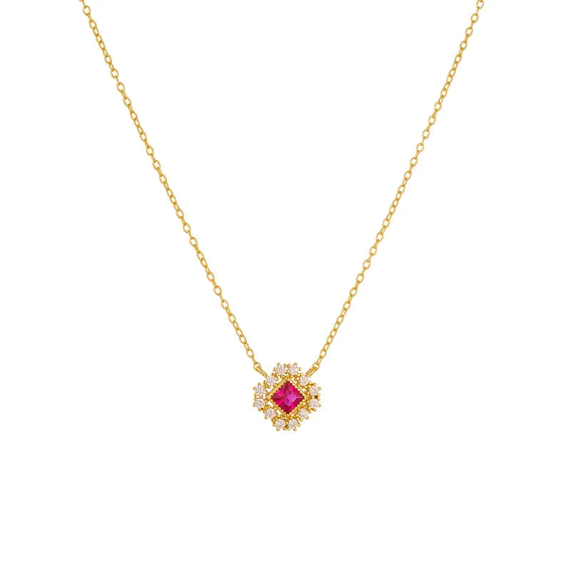 Women's Geometric Diamond 925 Silver Square Hollow Pendant Cross Chain Zircon Ruby Necklace - Image 5